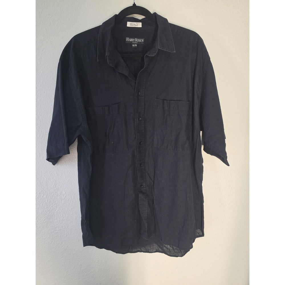 Harry Rosen Men XL Black Solid Linen Cotton Casual Dress Shirt Top Blouse